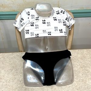 BNWOT GIRLS THE BRAND LOVE PRINT CROP TOP & BLACK BOTTOM SWIMSUIT SIZE 4…